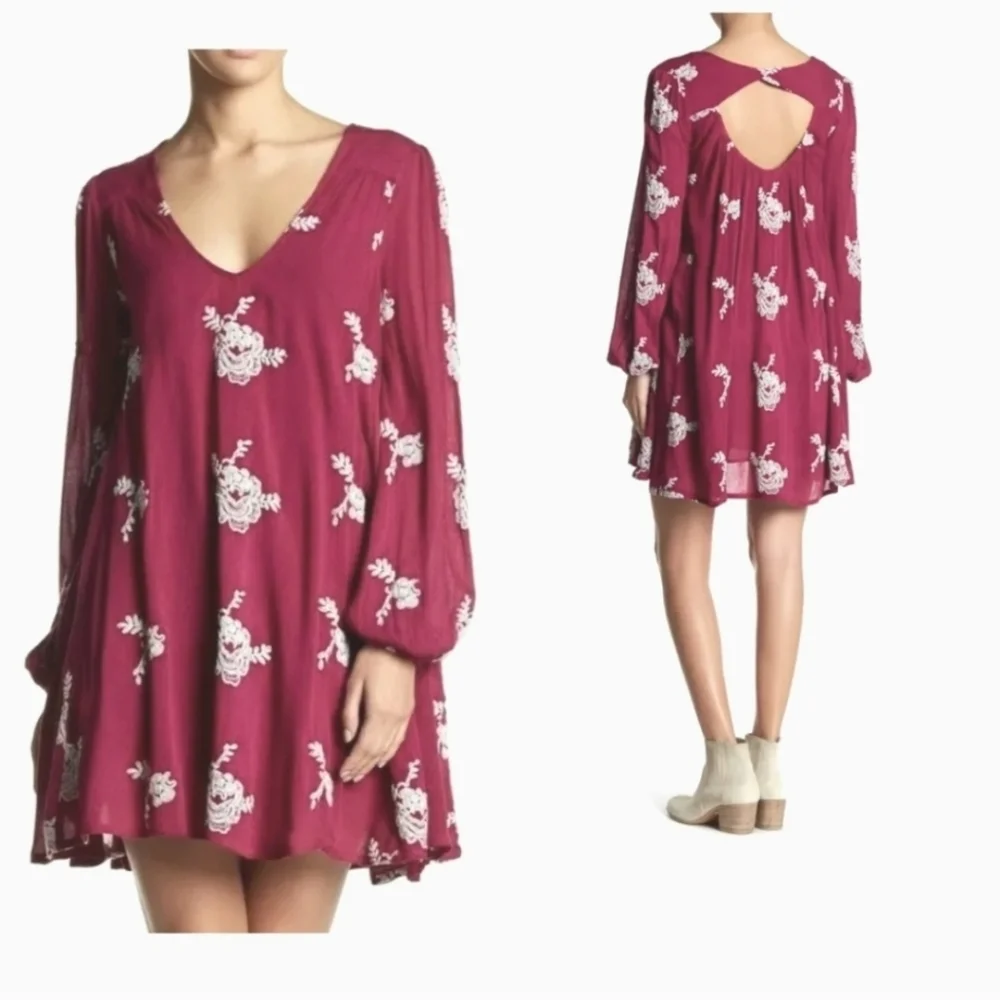 Free People Austin Emma Magenta Hot Pink Embroided Mini Swing Dress Small Petite